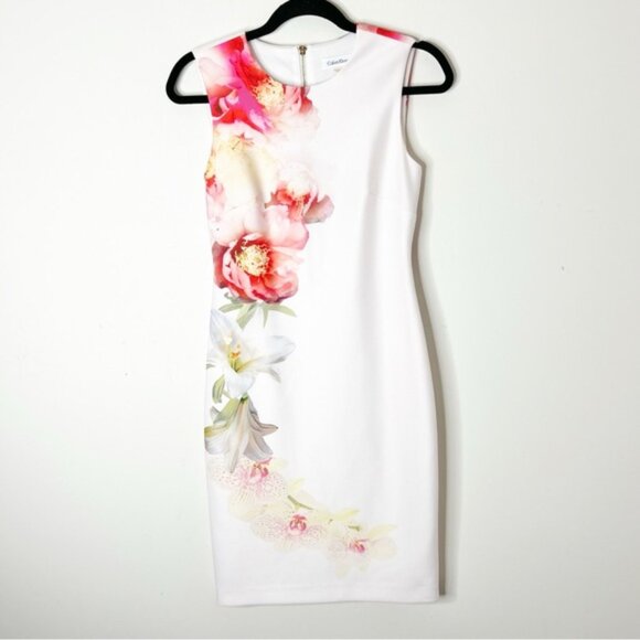 Calvin Klein Sheath Mini Dress Scuba Floral print Knee Length Cocktail Size US 2 - Picture 3 of 15